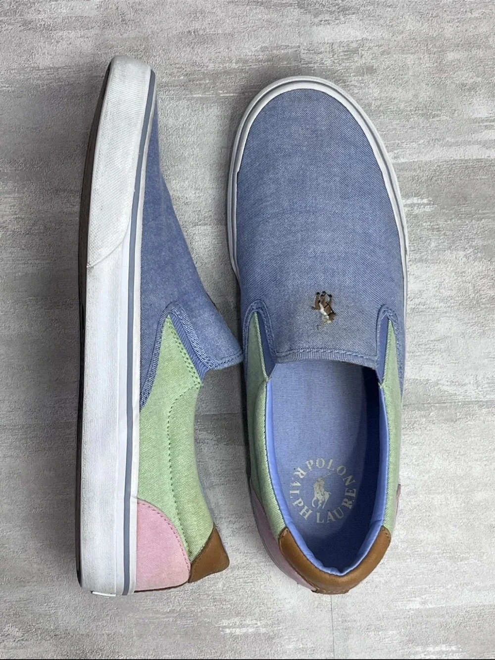 Polo Ralph Lauren Slip On Canvas Boat Shoes Men 11D Pastel Pink Blue Pink Green